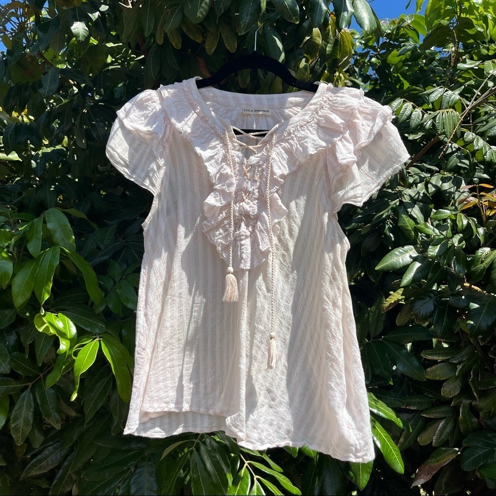 ULLA JOHNSON ivory pink striped ruffle cotton tank top blouse